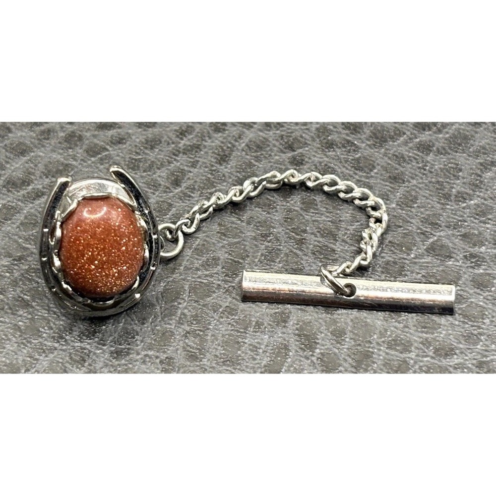 Vintage Horseshoe Goldstone Glitter Cabochon Equestrian Tie Tack Silver Tone